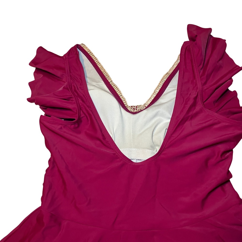 Women's XL Burgundy Ruffle Sleeve Swim Dress with Crochet Lace Trim V-Neck - Picture 6 of 9